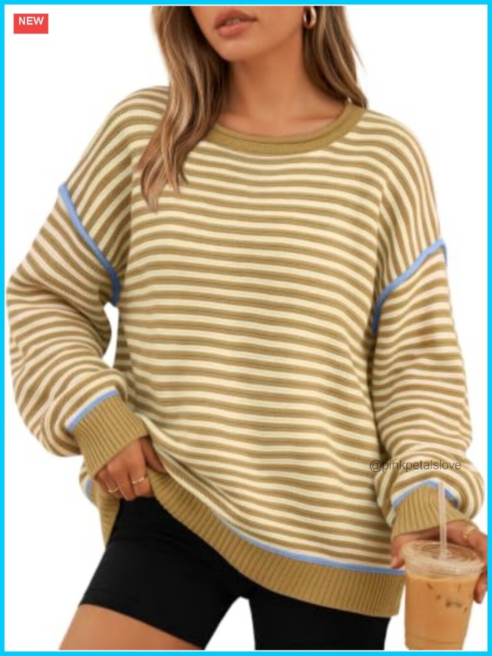 Striped Oversized Cotton Blend Sweater Drop Shoulder Pullover